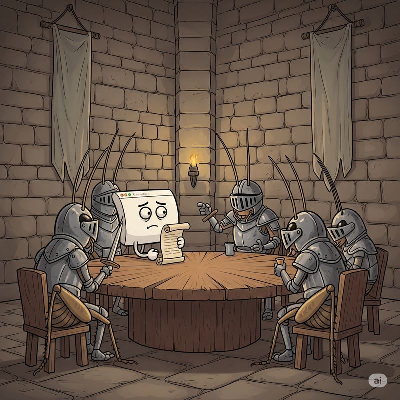 AI-generated picture of cricket knights at a round table with a website
