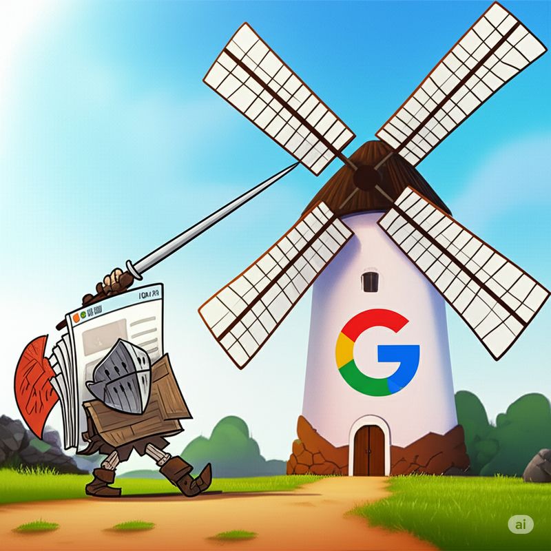 AI-generated picture of a website fighting a windmill with a G on it